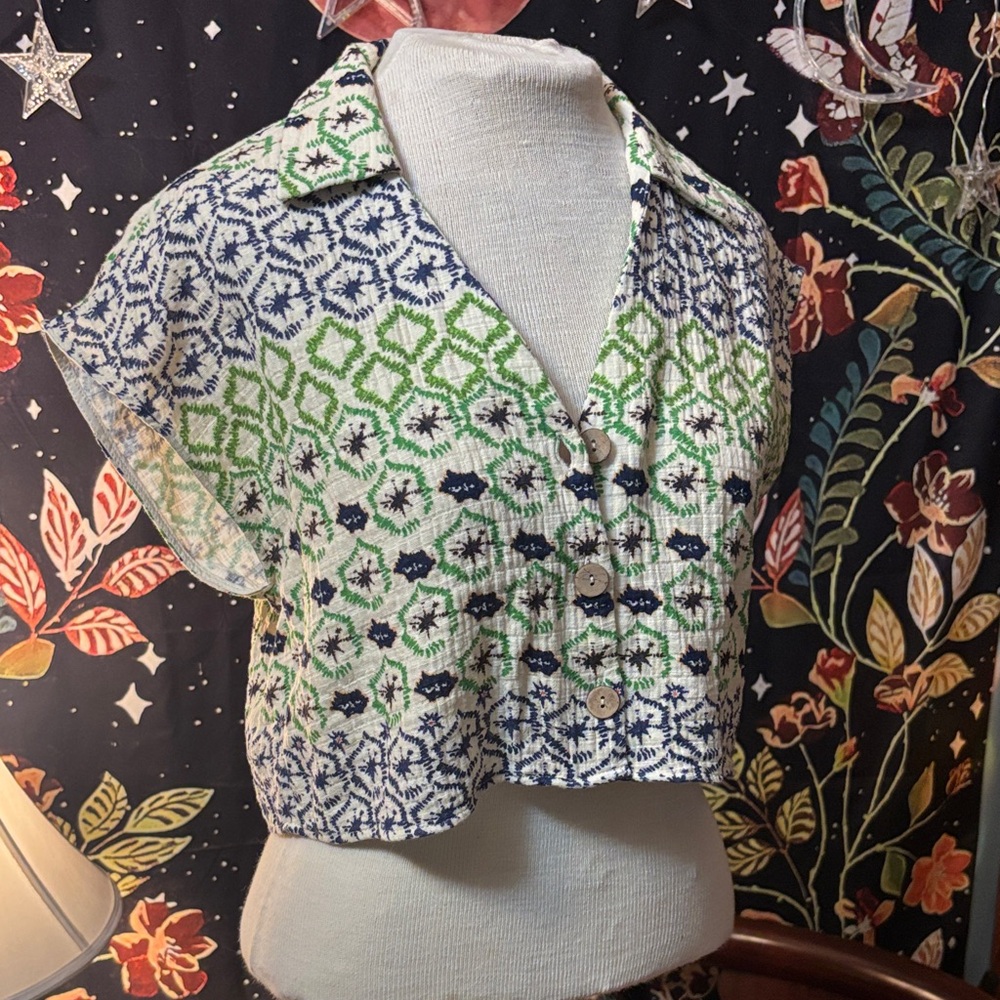 ZARA Green and Blue Patterned Women's button up Top